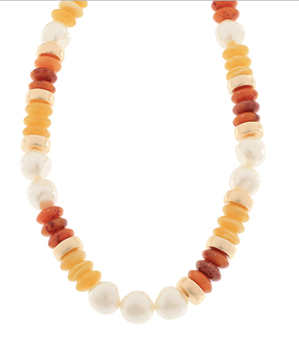Pearl & Rondelle Bead Necklace, Amber/Gold