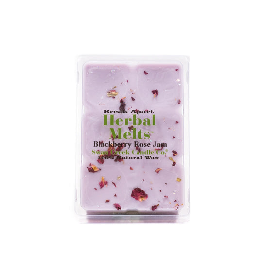 Packaged herbal melts with visible ingredients on a white background