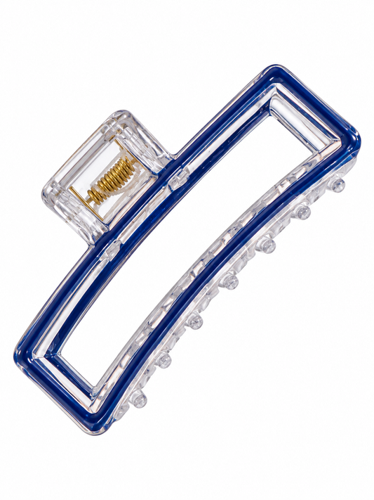 A clear plastic hair claw clip with a thick blue outer frame and a gold metal spring, shown on a plain white background.
