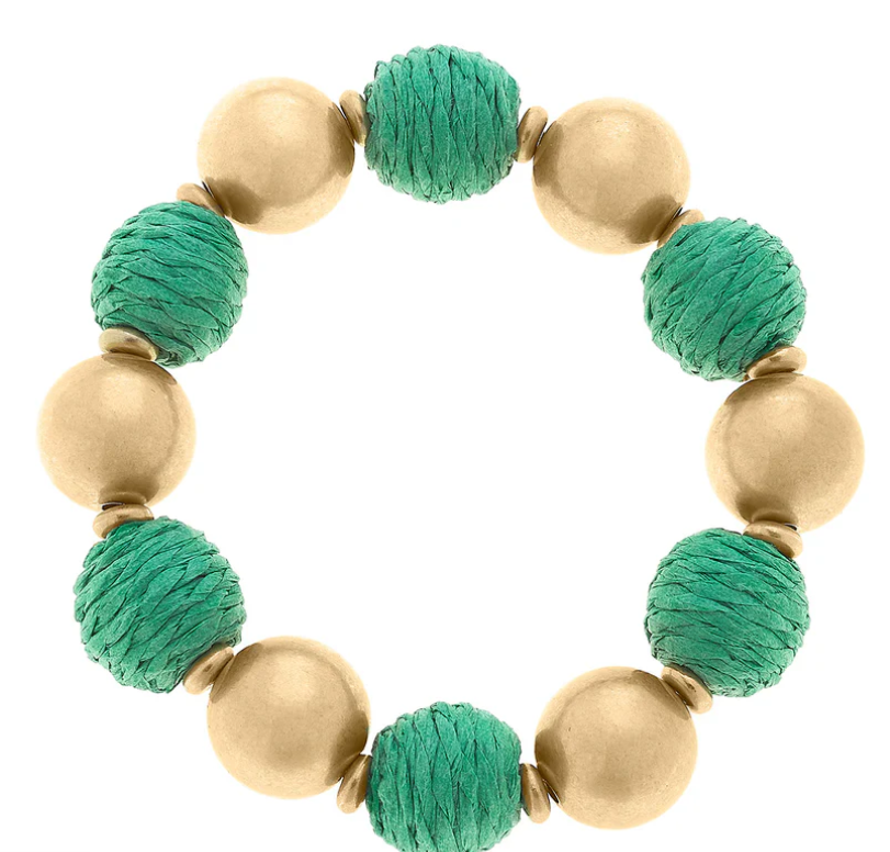 Demi Raffia and Ball Bead Stretch Bracelet in Green