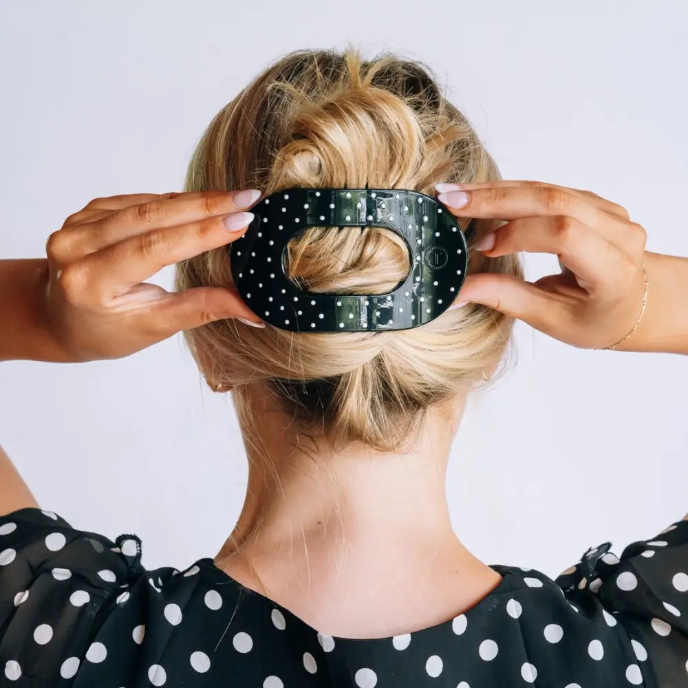 Black Polka Dot Party, Flat Round Hair Clip Large