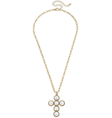 Elisha Pearl Cross Statement Necklace in Worn Gold