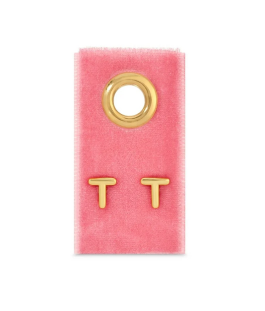 Gold Initial Studs on Gift Tag, Letter T
