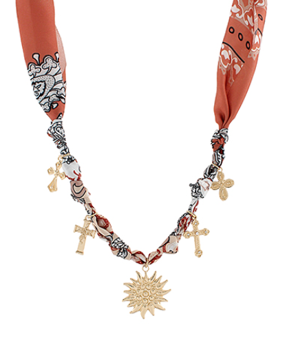 Sun & Multi Cross Charm Scarf Necklace, Brown