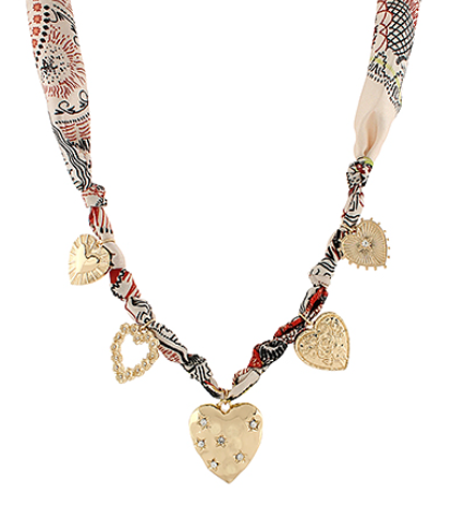 Heart Charm Scarf Necklace, Beige Gold