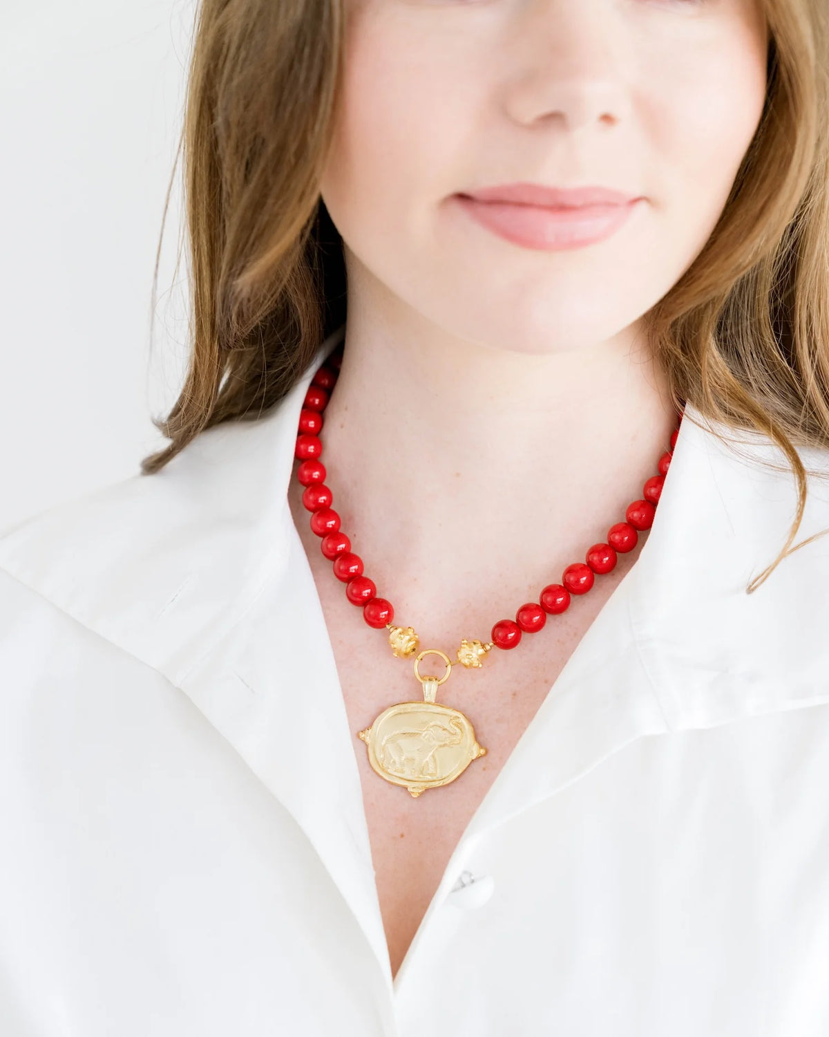 Gold Elephant Pendant Red Coral Necklace