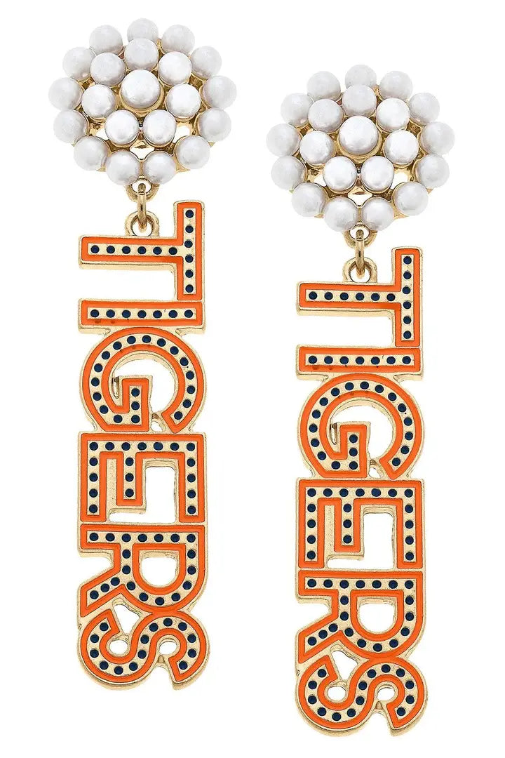 Auburn Tigers Pearl Cluster Dotted Enamel Drop Earrings in Orange